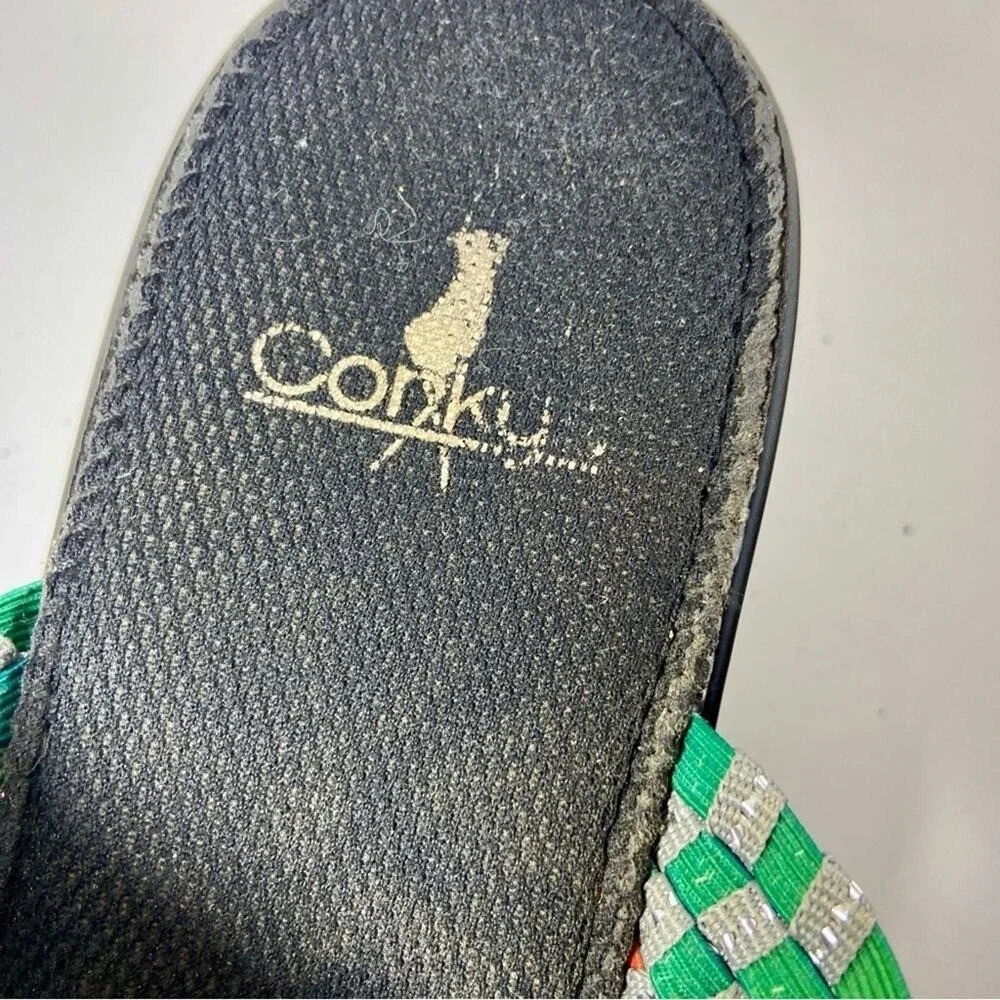 Corkys Rainbow Woven Wedge Sandals Silver Sparkle Slides Size 9